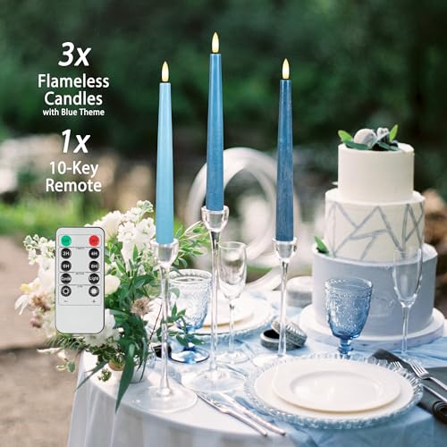 Image of Blue Flameless Taper Candles, 9.6 inch Real Wax Battery Operated Candles with Remote, 3 Pack Flickering, Gradient Candlesticks, Fake Candle for Home, Wedding, Party Decor
