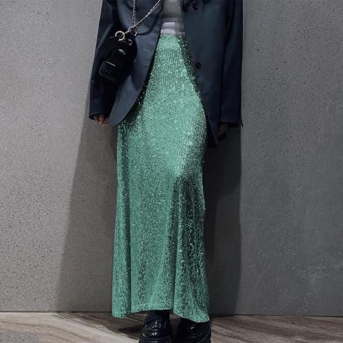 Elegant Sparkling Sequins Stretchy Long Skirt for Women Elastic High Waist A Line Skirt for Formal Parties and Night Out Rose Red4