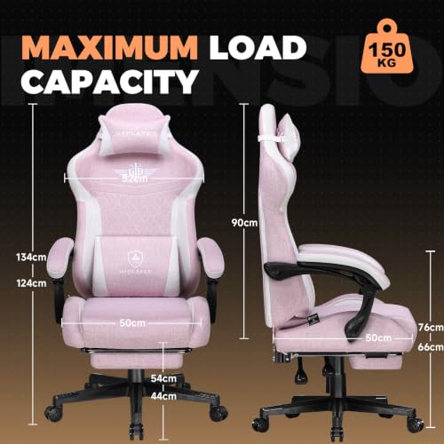 Image of GTPLAYER Gaming Chair with Footrest, Ergonomic Office Chair 400lbs Heavy Duty, Big and Tall Computer Desk Chair with Lumbar Support and Headrest, Breathable Linen Fabric, 90-155 Recline Pink
