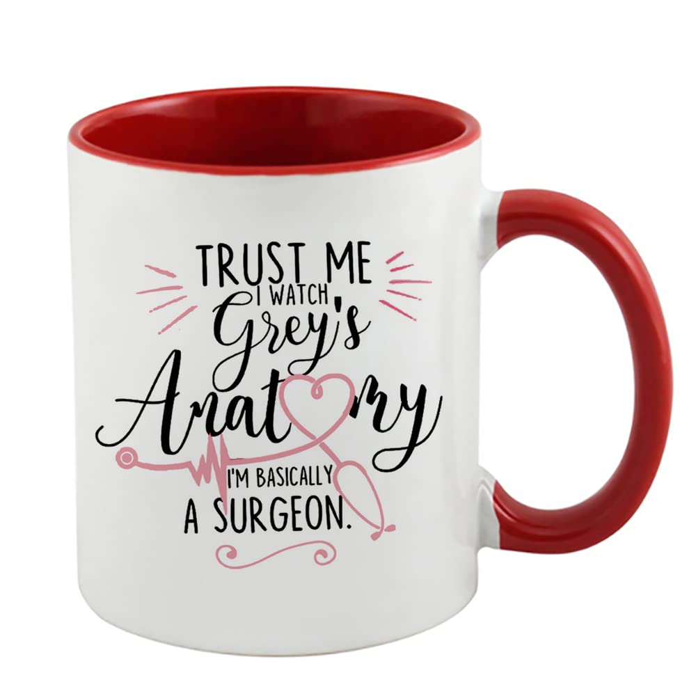 Giftme Trust Me I Watch I'm Basically A Surgeon Birthday Secret Santa Coffee Tea Mug Unique Inside Coloured Ceramic Mug. (Red Inside Coloured and Handle)