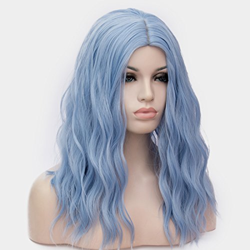 Bufashion 20" Long Wavy Curly Water Blue Synthetic Wig For Women Girls Cosplay Wig Halloween Costume Wig With Wig Cap(Light Blue) #TOP1