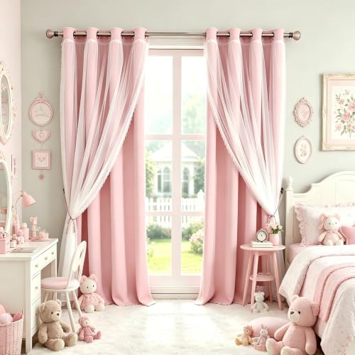 Image of Pink Blackout Curtains with Lace Hems Sheer Overlay, 2 Panels, Thermal Insulated & Soundproof, Room Darkening, Living Room, Bedroom - Modern Elegant Romanntic Pink Drapes, 52x84 Inches