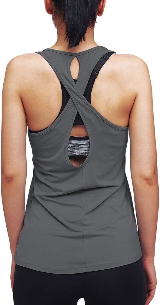 Mippo Open Back Workout Tops Sleeveless Muscle Tennis Shirts Backless Yoga Tops Exercise Fitness Clothes Activewear Tops Athletic Workout Tunic Tops for Women Deep Gray XL