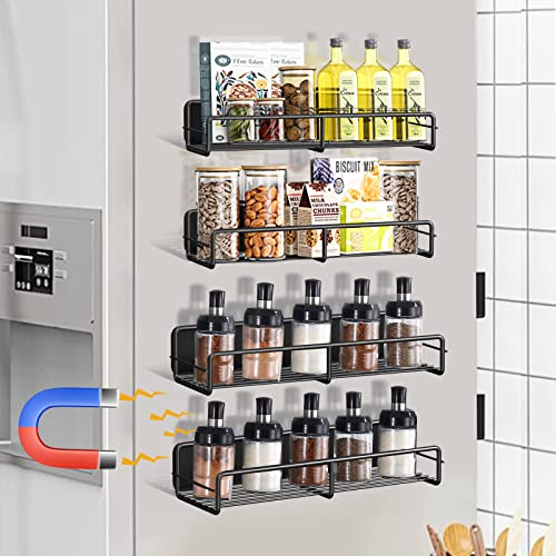 ARLBA 4 Pack Black Magnetic Spice Rack Organizer, Space Saver for Refrigerator,washing machine and Microwave Oven,Strong Metal Fridge Shelf Kitchen Storage Rack for Spice Jars and Seasoning Bottles