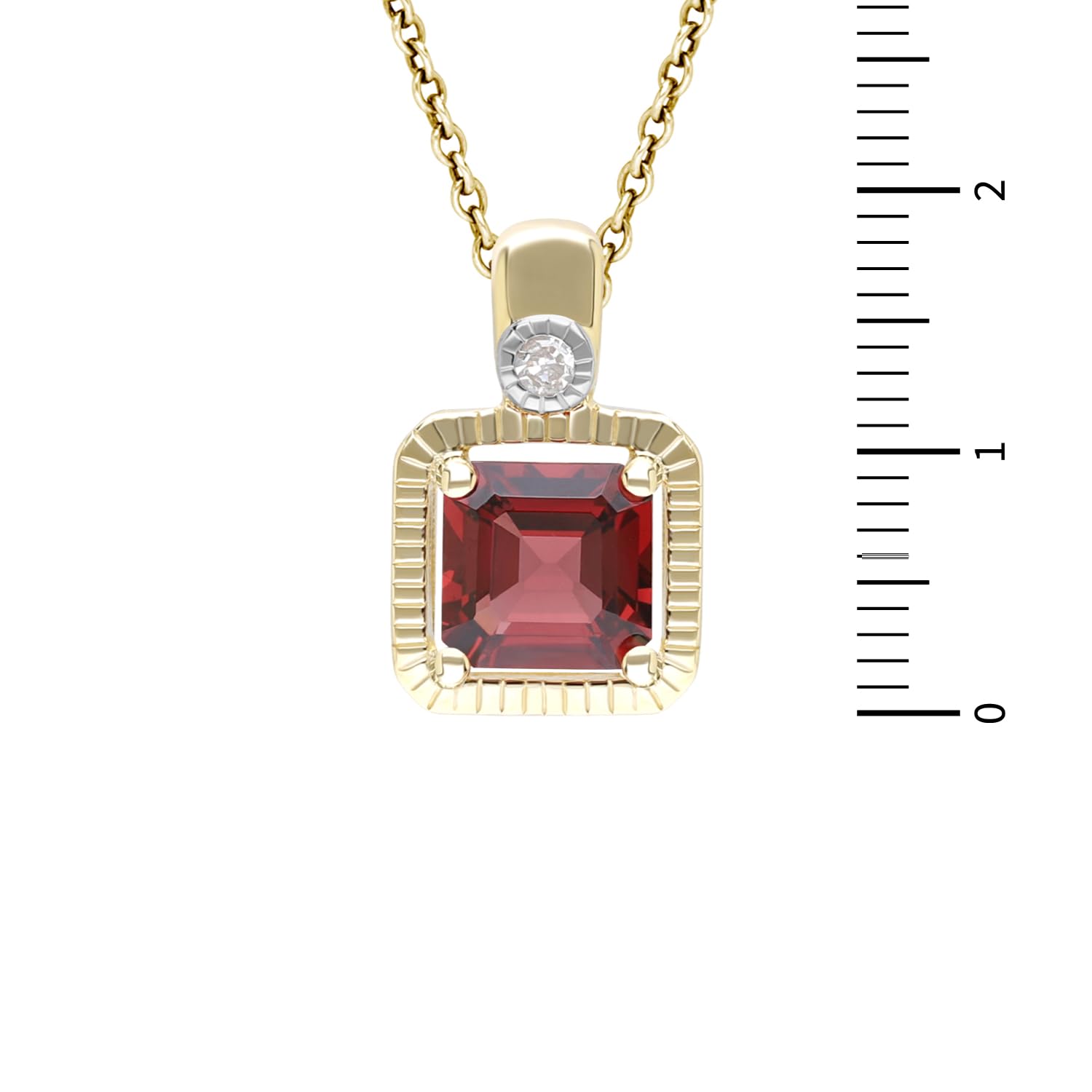 Pendente in oro giallo 9 kt con granato taglio quadrato da 5 mm e diamante, su catenina da 46 cm, Oro Giallo