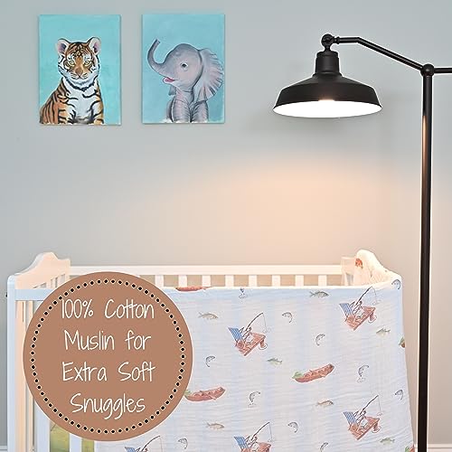 Image of LollyBanks Muslin Swaddle Blankets 2PACK, 100% Cotton Baby Blanket 47 x 47 Inches, Large Baby Swaddle Breathable, Muslin Blankets for Boys and Girls (Mallard Duck and Fishing Print)