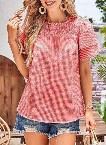 Womens Tops Dressy Casual Cute Babydoll Ruffle Sleeve Blouses Summer Gingham Flowy Peplum Peasant Shirts4