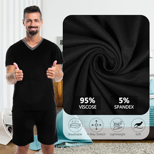 2 Sets Men's V Neck Pajamas Summer Pjs Set Soft Modal Nightwear Short Sleeve and Shorts with Pocket Comfy Sleepwear3