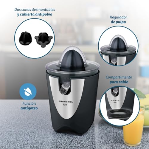 Grunkel - Spremiagrumi Elettrico - XP-VC60N - 60W - Due Coni Intercambiabili - Ugello In Acciaio Inossidabile - Filtro Polpa - Nero [Classe Di Efficienza Energetica A+] - 4