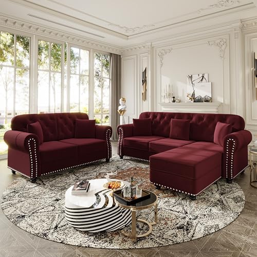 Image of KEIKI 2-Piece Chesterfield Sofa Set with 1 Velvet 3-Seater Sofa & 1 Loveseat Sofa, Upholstered 5-Seater Couch Set with Nailhead Trim & Rolled Arms & 1 Ottoman & 5 Pillow, for Living Room, Burgundy