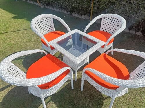 Image of PRATHAM India Patio 4+1 Furniture Set Bistro Set Porch Backyard Garden Outdoor Furniture Rattan Chairs and Table Wicker Conversation Set (White with Black Lines, Orange Cushion 4+1 Square Table)