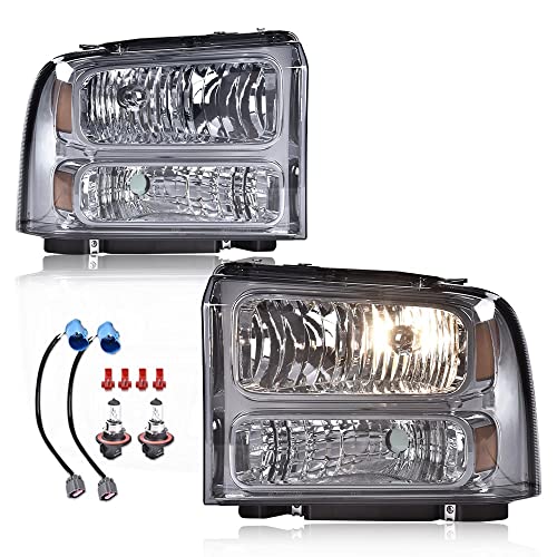 Image of GRAND ORANGE Pair Headlights Assembly, Compatible with Ford F250 F350 F450 F550 1999-2004, Fit Ford Excursion 2000-2004, Driver & Passenger, Smoky Lens Chrome Housing Amber Reflector, faros delanteros