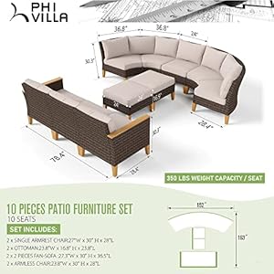 PHI VILLA 10 Piece Patio Conversation Set Half Moon Curved Wicker Sectional Furniture Outdoor Rattan Round Sofa Set for 10 Seats with Cushions Beige
