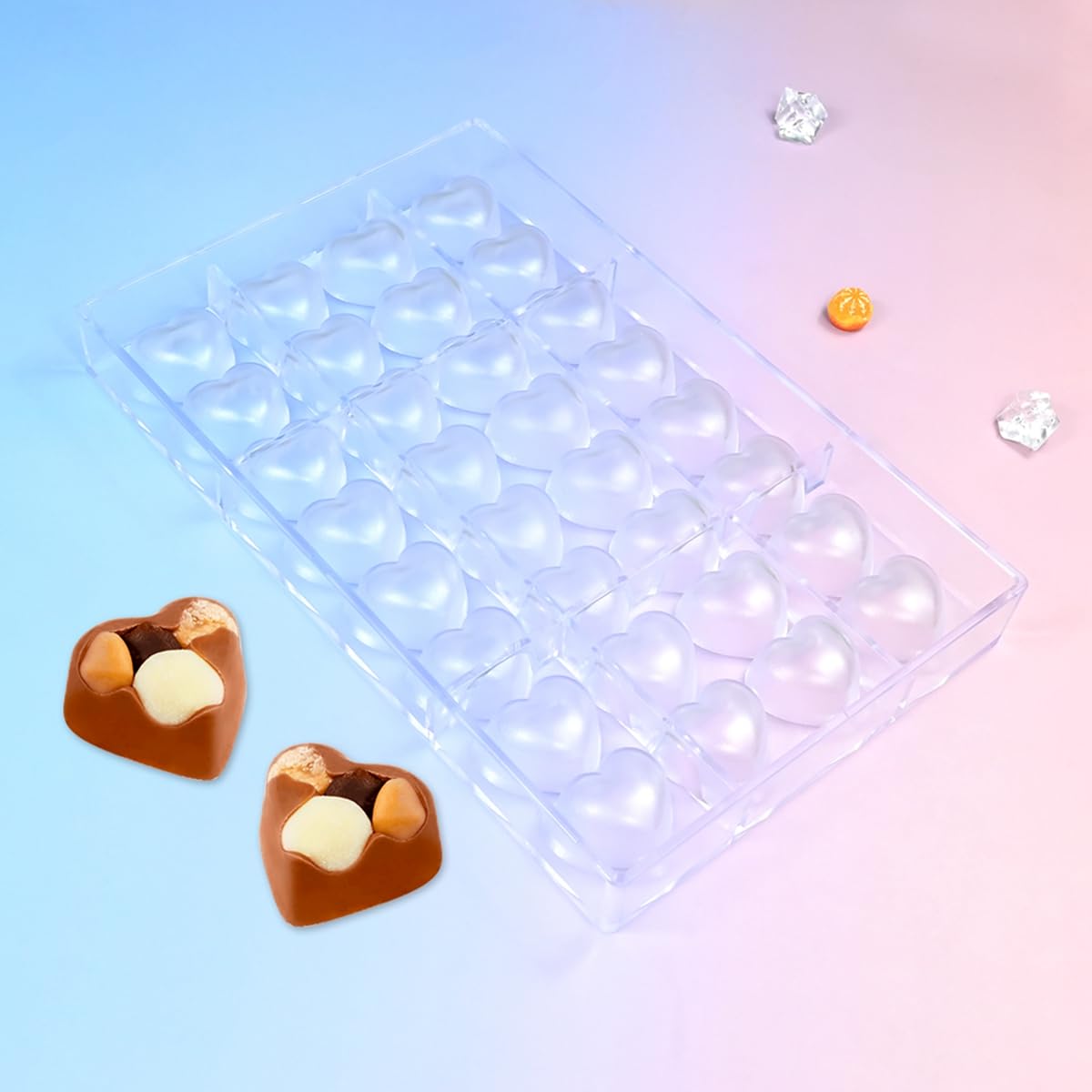 TUKE Stampo per cioccolatini in policarbonato a 32 cavità, per praline, tartufi, trasparente, flessibile, riutilizzabile, per dolci, dolcetti fai da te a forma di cuore (B_ cuore)