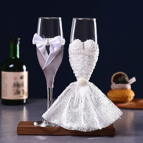 YUEMING Bicchieri da Champagne, Flute Champagne Matrimonio, Coppa da Champagne, Confezione Regalo Flute Sposi Set di 2 Flute da Champagne per Fidanzamento, Ricevimento di Nozze(Bianco)