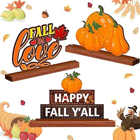 Ohgeecraft Fall Wooden Table Centerpiece 3 Pieces Wooden Fall Signs HAPPY Fall Y'ALL FALL IN Love Pumpkin Wood Tabletop Standing Decors for Thanksgiving Fall in Love Bridal Shower Decorations Cover