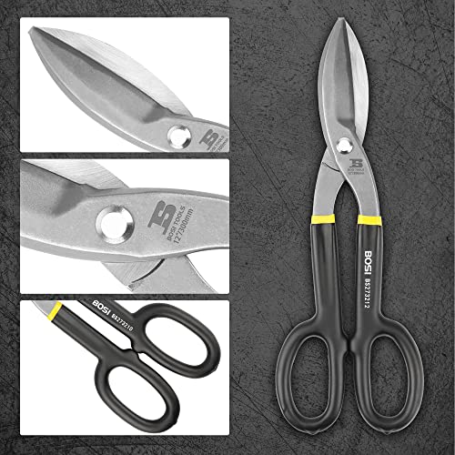 B BOSI TOOLS Tin Snips 12 Inch Flat Blade Metal Cutters Straight Shears Heavy Duty Drop Forged Carbon Steel Blade with Comfortable Rubber Dipped Handle for Cutting Sheet Metal