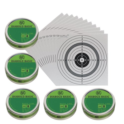 Luftgewehr Diabolo RWS Basic Line Flachkopf Diabolos, Kal. 4,5 mm, 2.500 Stück + 10 original ShoXx.® Shoot-Club Zielscheiben mit 250 g/m² Cover