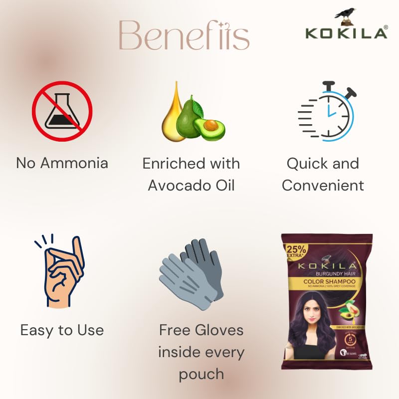 Image of Kokila Unisex Hair Color Shampoo Enriched With Almond Oil in Just 5 Minute, Long-Lasting Instant Hair Color Burgundy Pack of 15 (18ML Each)