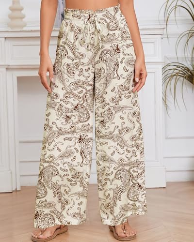 Bsubseach 2025 Womens Beach Wide Leg Pants Summer Floral Elastic Waist Pant Palazzo Dressy Boho Flowy with Pockets3