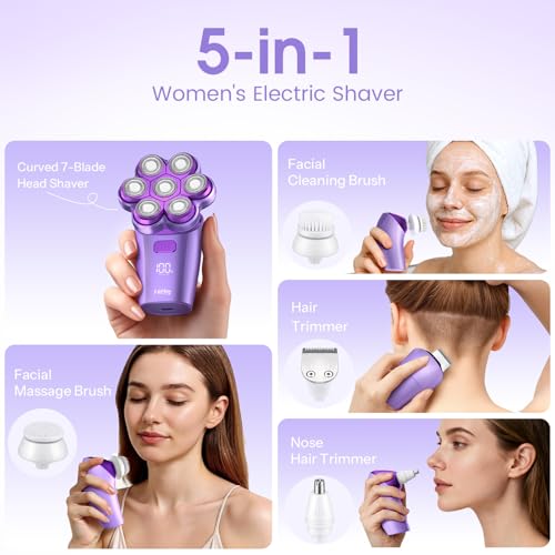 Image of Electric Razors for Women Legs : 5-in-1 Rechargeable Body Shaver, 7D Wet & Dry Bikini Trimmer, IPX7 Waterproof Lady Hair Remover for Face Underarms Pubic, Violet