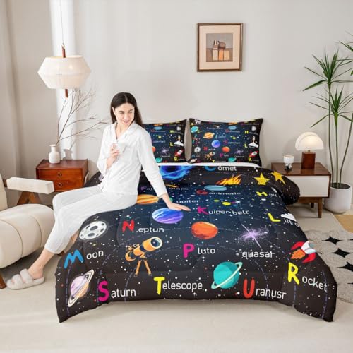 Image of Feelyou Alphabet Outer Space Astronaut Bedding Set Full Size, ABC Planet Comforter Set Kids Toddler Galaxy Comforter ABC Alphabet Learning Duvet Set Durable Bed Set 3Pcs