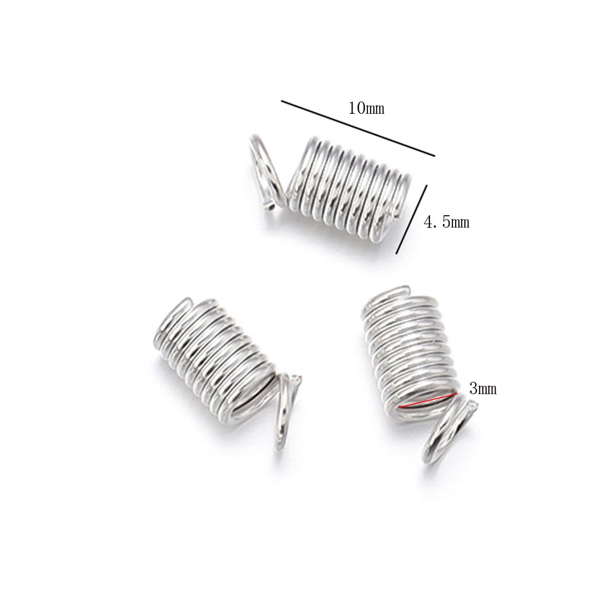 100Pcs Cord Ends Caps Metal Spring Coil Ends Fasteners Necklace Spring Fastener Mini Tube Cord Cap Tip for DIY Necklaces Bracelets Craft Making, 10 * 4.5mm, Hole 3mm, Silver