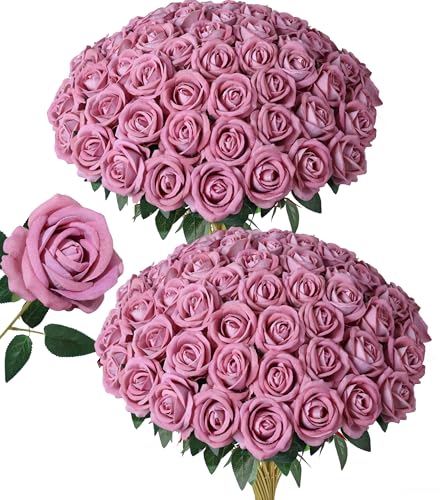 Image of 50 PCS Dusty Roses Artificial Flowers, Fake Roses with Stem Realistic Silk Roses for DIY Wedding Bouquets Tables Centerpieces Arrangements Baby Shower Birthday Home Decor Valentine's Day Gift for Her