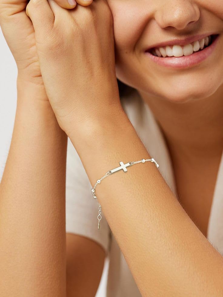 Image of Christian Gifts for Women Girls 925 Sterling Silver Rosary Cross Link Chain Bracelet Baptism Communion Confirmation Religious Jewelry Gifts with Inspirational Card
