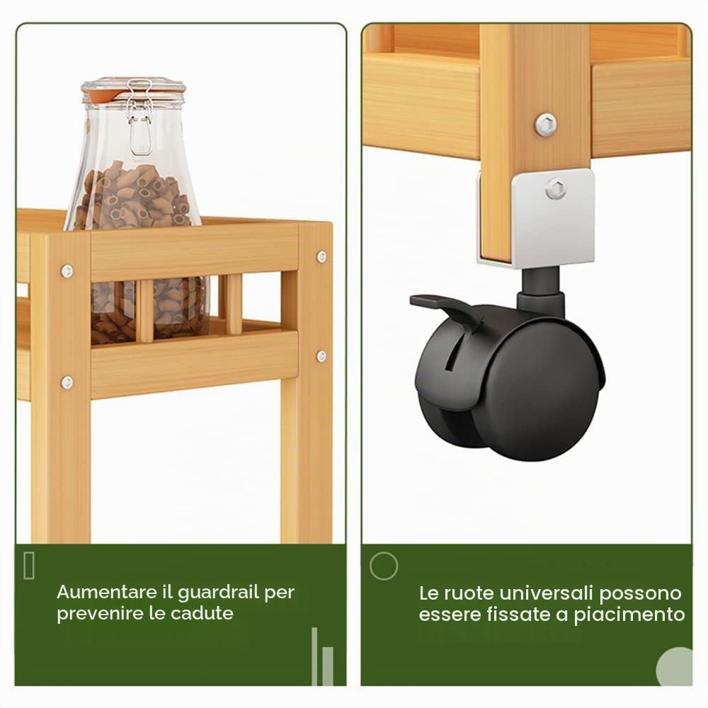 4-Tier Carrello Cucina in Legno di bambù, Carrello da Cucina di Servizio, carrello di stoccaggio sottile multistrato, Carrello di servizio in bambù multiuso (50 x 18 x 96 cm)