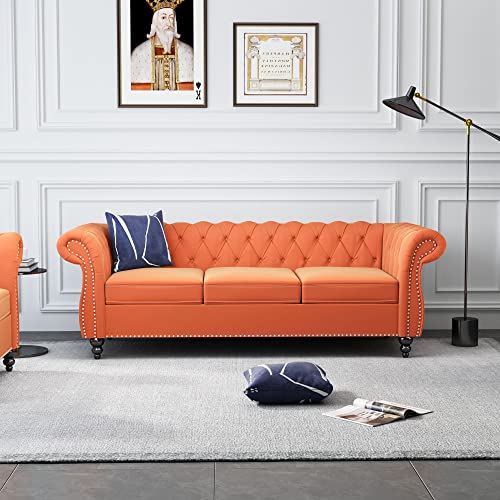 Image of ORRD 3 Piece Living Room Set, Velvet Chesterfield Sofa Loveseat Couch Chair with Scroll Arms and Nailhead for Living Room, Office (Orange)