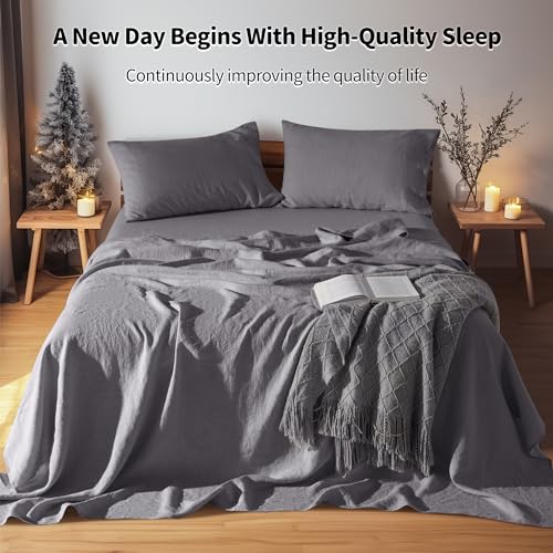 Image of LBRO2M 100% French Pure Linen Sheet Set 4Pcs, 16 inch Deep Pocket Full Size