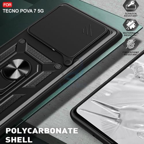 Image of AESTMO Tough Armor Tecno Pova 7 5G Bumper Back Case Cover | Ring Holder & Sliding Camera Shield Cover | 360 Degree Protection Back Case Cover for Tecno Pova 7 5G (Black)