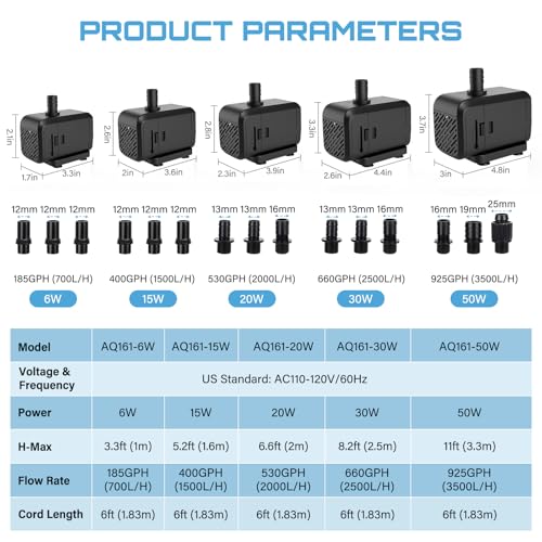 Image of AQQA Submersible Aquarium Water Pump, Fountain Pump with Adjustable Flow,Dual-Suction Side /Bottom Intake,Ultra-Quiet Thermal Protection for Freshwater Saltwater Fish Tanks Pond Statuary Hydroponics20W