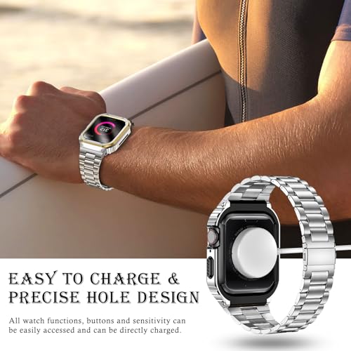 Image of MioHHR Stainless Steel Band and Case Compatible with Apple Watch Band 45mm | Men Metal Protective Bumper Cover with Straps for iWatch 45mm Series 9 /8 /7, Silver /Gold