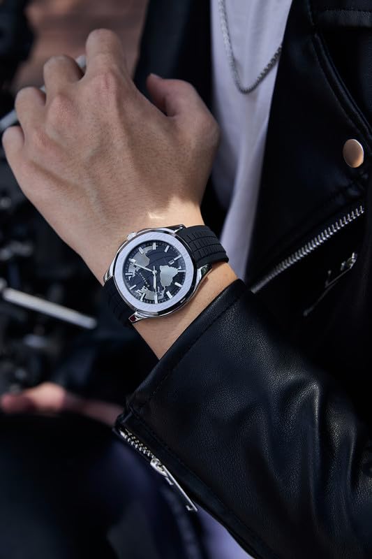 Image of Giordano Stylish World Map Design Analog Watch for Men with Silver Case Round Dial, Textured Silicone Strap, Water Resistant and Date Display Function - GZ-50147