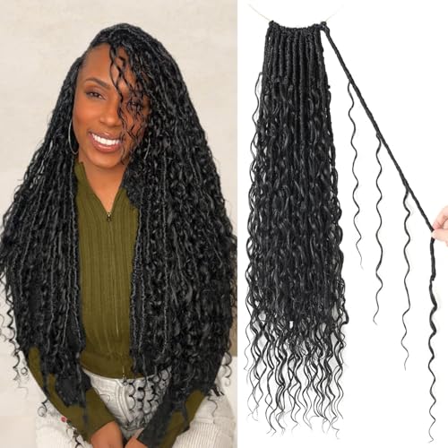 9 packs Boho Faux Locs Crochet Hair 24 Inch Natural Black Pre Looped Goddess Soft Locs Crochet Hair with Curly Ends Bohemian River Locs for Black Women(1B# 24 Inch)