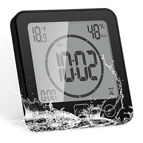 FORNORM Reloj de Baño, LCD Reloj de Ducha Digital Alarma Impermeable Control Táctil Hum / ℉ Temperatura Humedad, Temporizador de Cuenta Regresiva, 3 Métodos de Montaje, Energía de la Batería Cover