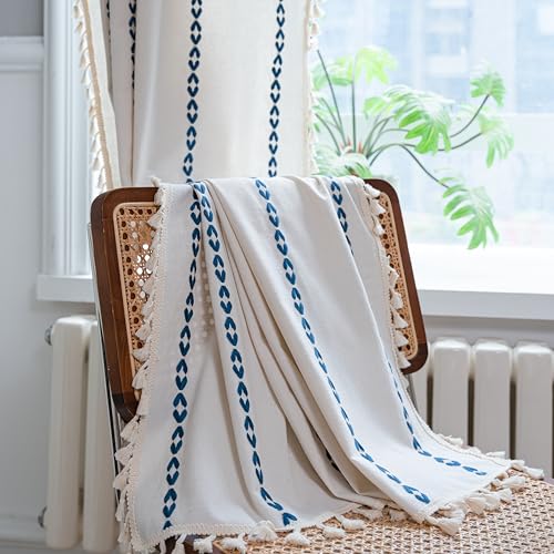 Sutuo Home Rideaux bohèmes Semi-occultants à Pampilles pour Salon, Chambre à Coucher, Style Rustique, Vintage, Broderie bohème avec Passe-Tringle, 1...