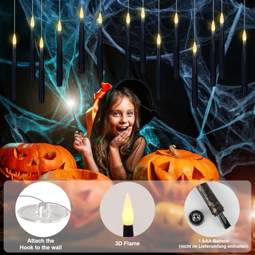 Image of GenSwin Flameless Floating Candles Wand Halloween Decorations Black 22pcs | 6H Timer, Battery Operated Hanging Window Candles, 24 Sticky Hook & Glue Dots, 0.45 x 6.1 In, 4.9 Ft Fishing Line