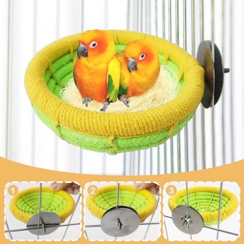 Image of Cotton Rope Parakeet Nest Handmade Bird Breeding Nest Cockatiel Hatch Rope Bed Green Base Canary Snack Bowl for Parrot Conure Finch Budgie Lovebird
