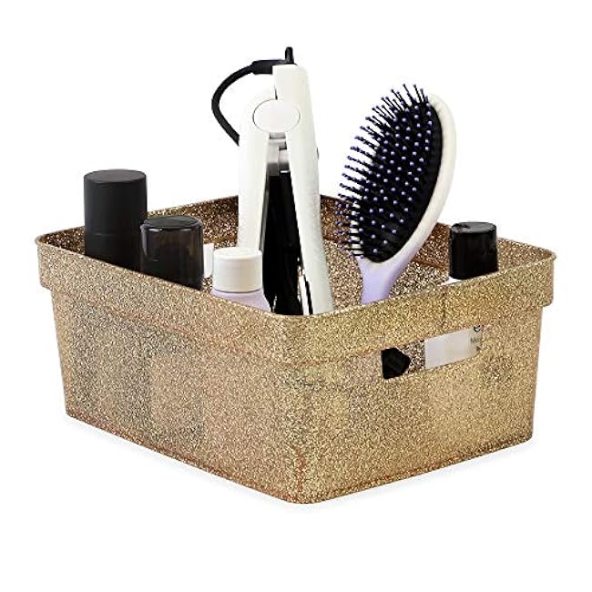 Isaac Jacobs Small Glitter Storage Bin (10¡± x 7.5¡± x 4.25¡±) Set w/Cut-Out Handles, Plastic Organizer, Multi-Functional, Home Storage Solution, Kids Playroom, Bedroom, Closet (4, Gold)