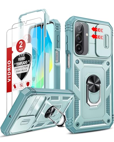 LeYi Funda para Samung Galaxy A17/A 17 5G con [2-Unidades] Cristal Vidrio Templado, Uso Rudo Carcasa Cubierta de cámara Deslizante Proteger Anillo Soporte Silicona TPU Armor Bumper Case, Verde