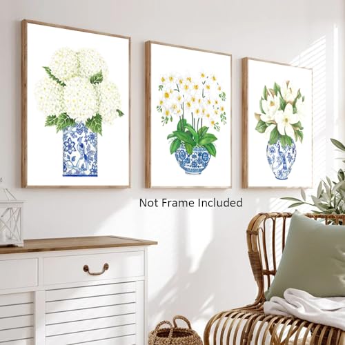 Chinoiserie Wall Art Prints Blue and White Chinese Vase Canvas Prints White Orchid & Pink Peony Watercolor Chinoiserie Canvas Wall Art Oriental Porcelain Art Painting for Home Bedroom Decor Unframed