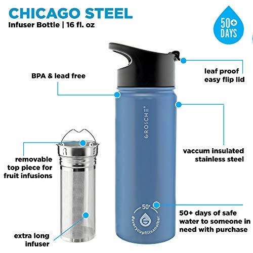 GROSCHE Chicago Stainless Steel Tea Infuser Flask | Beverage Bottle | Hot & Cold Drinks | Loose Leaf Tea Infuser | Travel Convenience Water Bottle | 16 fl oz, Blue