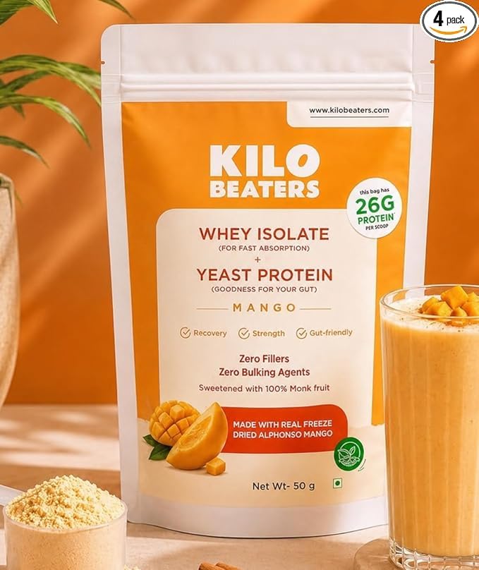 Image of Kilobeaters Whey Protein Isolate Powder with Yeast Protein 50g (Pack of 4) & Monk Fruit Powder 25g Combo | Real Alphonso Mango | 26g Protein Per Scoop | Gut-Friendly |