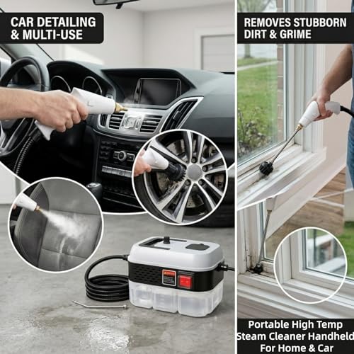 Image of Foandbevi 1200W Handheld Steam Cleaner with 6 Adjustable Levels, 105℃ High-Pressure Portable Steam Cleaning Machine for Car Detailing, Tile Grout, Couch, Mattress, Bed & Home - 6 in 1 Attachments