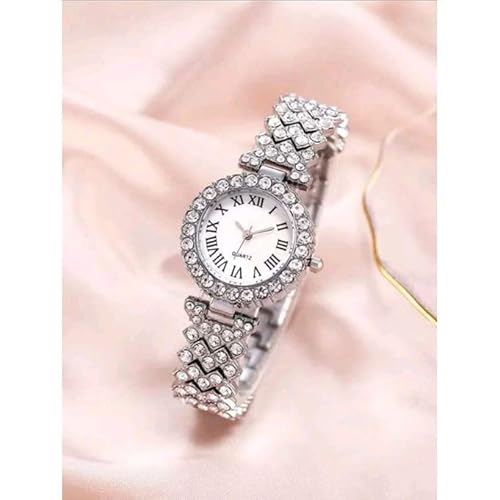 1pc Rhinestone Decor Round Pointer Watch & 1pc Bracelet