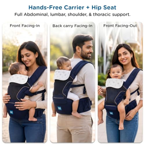 Image of Mee Mee Vistara Gold 6-in-1 Baby Sling Carrier with Hip Seat | Ergonomic Lumbar Support | Premium Gold Finish | Breathable Mesh Fabric | Adjustable & Secure for Newborns to Toddlers (Up to 15 kg, Darkblue)