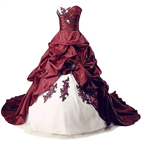 Zorayi Robes de mariée Longue Taffetas Robe de Nuptiale Robes de Bal Vêtements de mariée Femmes sans Bretelles Ivoire & Bourgogne Taille 54